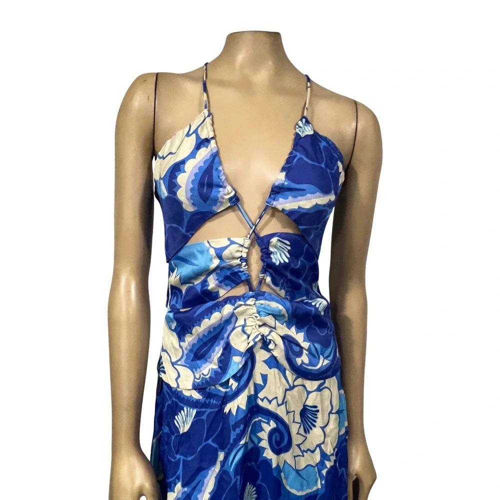 Farm Rio Blue Floral Cutout Halter Maxi Dress Tropical Print Boho Sleeveless | M - Picture 7 of 13
